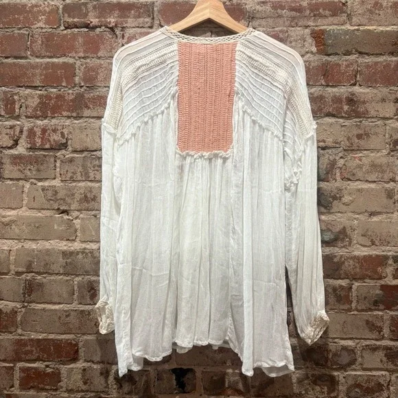 Sundance Constance Crochet Trim Pintuck Blouse Womens Small White Red Boho Top - Picture 5 of 5